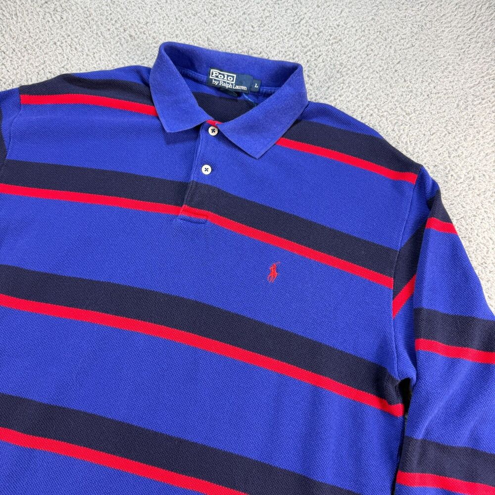 Polo Ralph Lauren Polo Shirt Mens Large Blue Navy Red Striped Long Sleeve Y2K